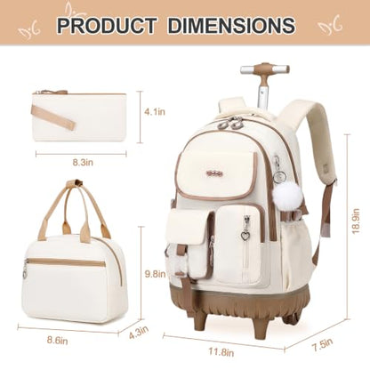 DIGOBAY Rolling Backpack for Girls, Girls Roller Backpack with Lunch Bag and Pencil Case, School Bookbag with Wheels for Elementary Middle High School Travel, Khaki - color: Khaki