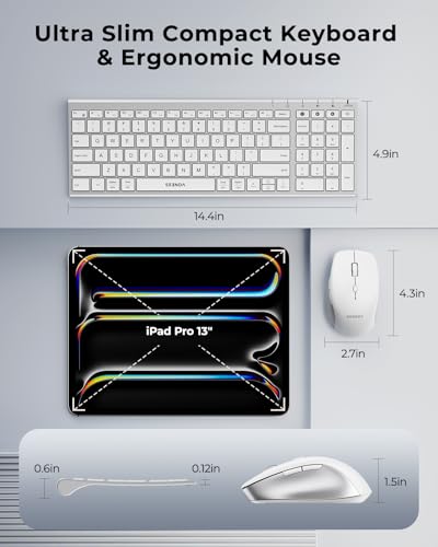 seenda COE401 Bluetooth Keyboard Mouse Combo, Rechargeable, White Silver | Silent rechargeable keyboard and mouse with 3-device connection for Windows, Mac, iPad, and laptops. - color: White Silver