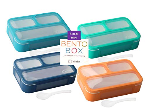 Small Snack Containers for Kids Toddlers - 3 Compartments (Set of 4) - Leak-Proof Boxes with Lids - BPA-Free Plastic Mini Bento Lunch Box - Ideal for School, Holds 2 Cups (Blue + Navy+ Aqua + Orange) - color: Blue Navy Aqua Orange MINI 4pk