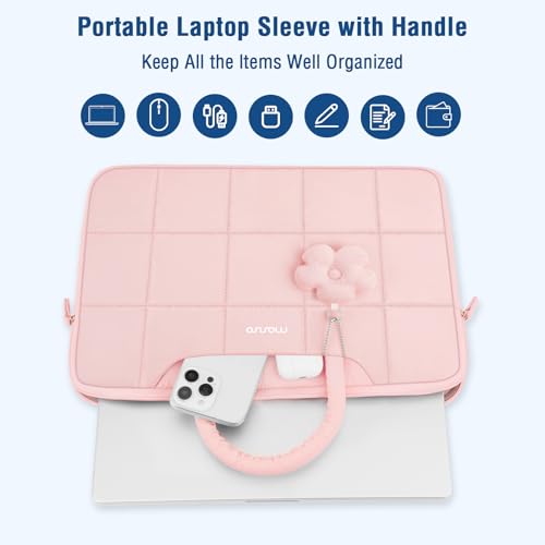 MOSISO Laptop Case 13.3 inch,13-13.3 inch Puffy Laptop Sleeve Compatible with MacBook Neo 13/Air 13 13.6/Pro/Pro 14,HP Dell ASUS Lenovo,Rectangle Quilted Bag with Handle&Flower Pendant, Pink - color: Pink, size: 13.3 inch