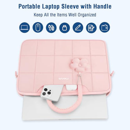 MOSISO Laptop Case 13.3 inch,13-13.3 inch Puffy Laptop Sleeve Compatible with MacBook Neo 13/Air 13 13.6/Pro/Pro 14,HP Dell ASUS Lenovo,Rectangle Quilted Bag with Handle&Flower Pendant, Pink - color: Pink, size: 13.3 inch
