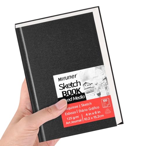 E-WEICHEN Mixed Media Sketch Pad, 4 x 6 inches 125 GSM (100 Sheets/200 Pages) Sketchbook for Drawing, Hardcover Mix Media Art Sketchbook for Wet and Dry Media,Painting,Drawing. 4X6 - color: 6x4in-Black
