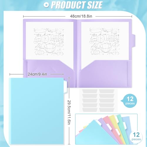Fuutreo 12 Pack Pastel Plastic Pocket Folders with 2 Pockets & Tabs, Cute Folders, Heavy Duty File Folder for Letter Size Paper, Office, Nurse Folder, Back to School, College Office Supplies - style: Plain 2 Pocket Folder