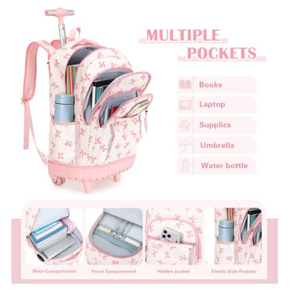DIGOBAY Rolling Backpack for Girls, Cute Girls Backpack with Wheels, Kids Wheeled backpacks Set with Lunch Bag Pencil Case for Teen Girl, Roller School Bag with Wheels for Elementary Middle School - color: Beige and Pink Bow