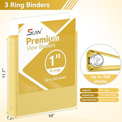SUIN 1 Inch 3 Ring Binder, Clear 1'' View Presentation Binders with 2 Pockets, Fits 8.5 x 11 Letter Size, Durable Polypropylene, Non-Stick & PVC-Free for School, Office & Home (Yellow) - color: Yellow