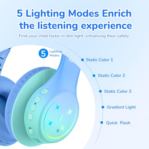 EarFun K4 Kids Bluetooth Headphones, Wireless Headphones with LED Lights | 74/85/94dBA Volume Limited, Built-in Mic, 90H Playtime, Bluetooth 5.4 Over Ear Headphone for iPad/Tablet/PC/School, Green - color: Green