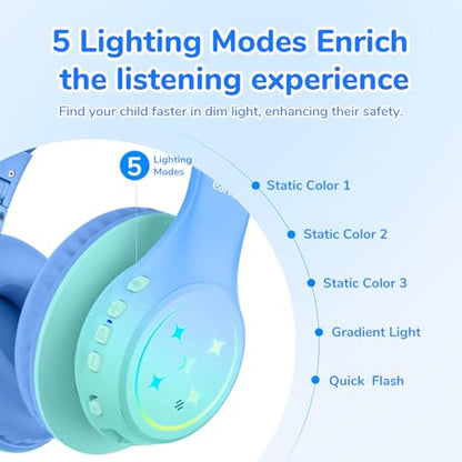 EarFun K4 Kids Bluetooth Headphones, Wireless Headphones with LED Lights | 74/85/94dBA Volume Limited, Built-in Mic, 90H Playtime, Bluetooth 5.4 Over Ear Headphone for iPad/Tablet/PC/School, Green - color: Green