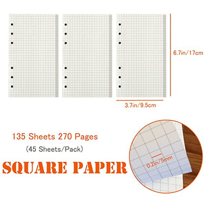 DY.2ten a6 6-Hole Binder Notebook Refills Set - 135 Sheets (270 Pages) Graph Paper + 2pcs Zipper Binder Pockets + 5 Pcs Dividers + Index Note Tabs + Ruler for Filofax a6 - color: A6 Square Paper