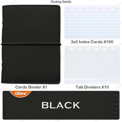 3x5 Lined Index Cards with Ring Binder Holder and Dividers, 100 Note Cards, Black - color: Black