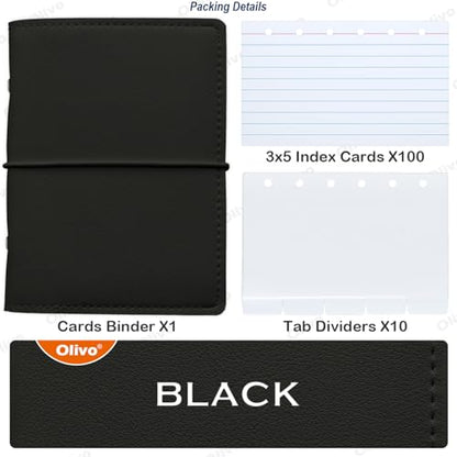 3x5 Lined Index Cards with Ring Binder Holder and Dividers, 100 Note Cards, Black - color: Black