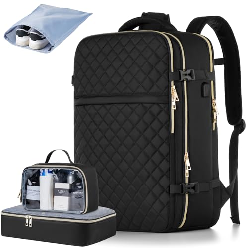 MOMUVO Large Travel Backpack Women, Flight Approved Carry On Backpack with 3 Packing Cubes, Water Resistant Anti-Theft Large Book Bag Fit 18.4 Inch Laptop with USB Charging Port, Black - color: Black-3 Sets, size: 18.4 inch