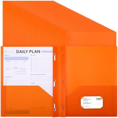 Cholemy 72 Packs Pocket Folders with Prongs Heavy Duty Plastic Folder with Business Card Slot 3 Prong Fasteners for School Office (Orange) - color: Orange