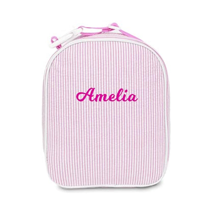 MT WORLD Personalized Lunch Bag Tote Custom Embroidery Name Reusable Seersucker Stripe Pattern Insulated Lunch Box - color: Pink