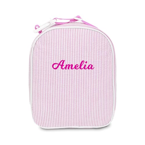 MT WORLD Personalized Lunch Bag Tote Custom Embroidery Name Reusable Seersucker Stripe Pattern Insulated Lunch Box - color: Pink