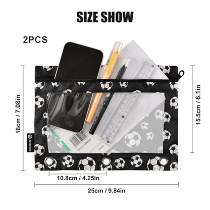 Football Pouches 3 Ring for Boys Girls School Office College Supplies Sports Soccer Pencil Pouches Case Bag with Clear Window and Zipper 2 Pack - color: Football