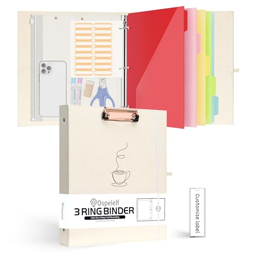Ospelelf Linen 3 Ring Binder 1 Inch Round Ring Binder with Zipper Pockets and 5 Tab Dividers, Hardcover Clipboards Binder with Storage (8.5" x 11") for School Office, Beige - color: Beige, size: 1in (Letter Size)