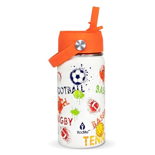14oz Sports Ball Kids Water Bottle With Straw Lid,Stainless Steel Water Bottle,Double Wall Leak Proof & BPA-Free Kids Cup,Insulated Metal Bottle for Toddlers,School Boys Girls - color: Sports Ball, size: 14 Ounces