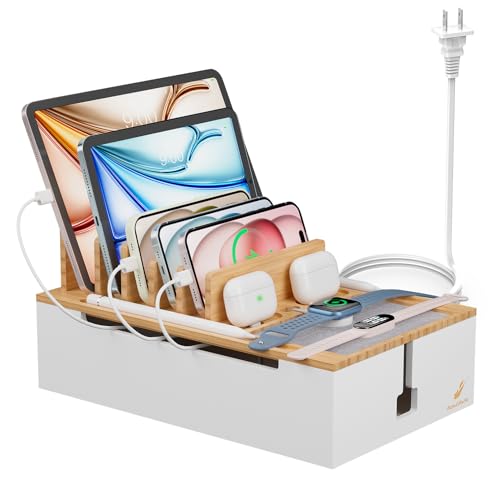 Pezin & Hulin Bamboo Charging Station for Multiple Devices, USB Charger Dock Organizer, with Power Supply (10 Ports HUB), 6 Cables, Cable Management Organizer for Cell Phones, Tablets -Natural+White - color: Natural+White, size: Dock+Charger+Cables