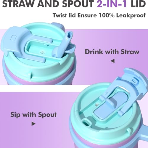 Fimibuke 16oz Kids Insulated Tumbler with Handle & Straws - 2 Pack BPA FREE 18/8 Stainless Steel Toddler Cups with Sip/Swig 2-in-1 Lids, Leak Proof Kid Drinking Cup Travel Mugs for Children Boys Girls - color: B4.Dinosaur & Monster Car