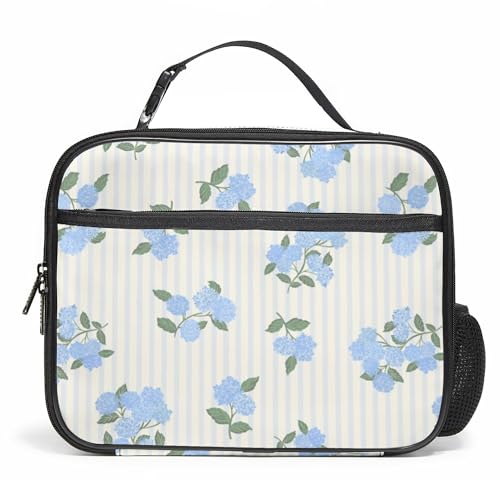 WOBAGMEN Large Lunch Box, Insulated Reusable Lunch Bag with Water Bottle Holder Portable Waterproof Leakproof Lunch Tote Bag Cute Lunch Box(Hydrangea Stripe) - color: Hydrangea Stripe