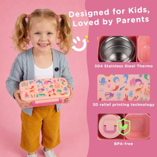 Bento Lunch Box for Kids With 8oz Food Thermo,BPA-Free for School | Lunch Container with 2 Compartments, Insulated Food Jar, Dishwasher Safe, Easy to Clean, Lunch Box for Girls Boys - color: Pink Mermaid1