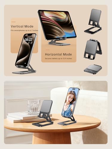 Adjustable Foldable Phone Stand for Desk, Premium Aluminum Cell Phone Holder, Portable Multi-Angle Desktop Stand Compatible with iPhone, Galaxy, iPad, Tablets & All Smartphones