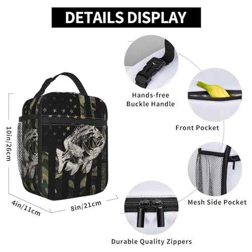 Fishing Camouflage American Flag Bass Lunch Box, Portable Insulated Lunch Bag with Detachable Handle,Reusable Lunchbox for Boys Girls Men Women Adults - color: Fishing Camouflage