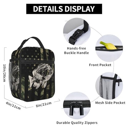 Fishing Camouflage American Flag Bass Lunch Box, Portable Insulated Lunch Bag with Detachable Handle,Reusable Lunchbox for Boys Girls Men Women Adults - color: Fishing Camouflage