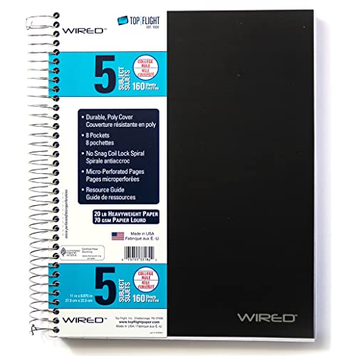 Top Flight Wired 5-Subject Wirebound Notebook with 8 Pockets, 160 Sheets, College Rule, 11 x 8.875 Inches, 1 Notebook, Cover May Vary (33182)