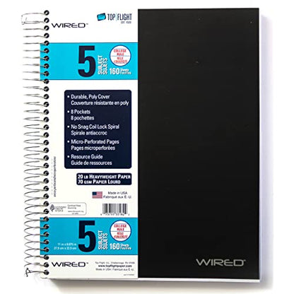 Top Flight Wired 5-Subject Wirebound Notebook with 8 Pockets, 160 Sheets, College Rule, 11 x 8.875 Inches, 1 Notebook, Cover May Vary (33182)