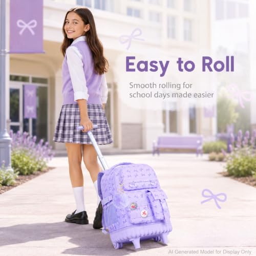 WZLVO 3PCS Girls Rolling Backpack, Water Resistance Roller Bookbag, Women Aesthetic Wheeled School Bag Set with Lunch Box & Pencil Bag for Teens & Kids - Purple Bow - color: 3pcs Girls Rolling Backpack - Purple Bow