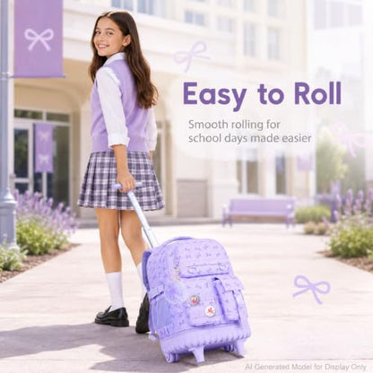 WZLVO 3PCS Girls Rolling Backpack, Water Resistance Roller Bookbag, Women Aesthetic Wheeled School Bag Set with Lunch Box & Pencil Bag for Teens & Kids - Purple Bow - color: 3pcs Girls Rolling Backpack - Purple Bow