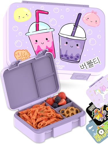 BEARFOOT Kids Lunch Box with Compartments – Compact & Lightweight | Leak-Proof, BPA-Free, Dishwasher Safe | Hand-Drawn Design for Preschool, School, Travel (BubbleTea Purple, 4 Cups) | BPA Free Leakproof Lunch Box with Compartments School & Nursery for Gi