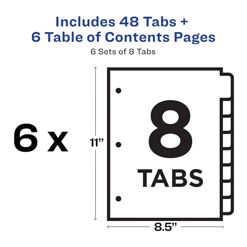 Avery 8 Tab Dividers for 3 Ring Binders, Customizable Table of Contents, Classic White Tabs, 6 Sets (11822) - size: 8 Tab