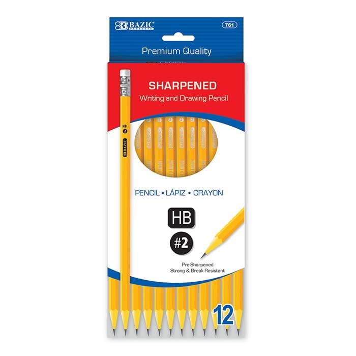 BAZIC Pencil Wood Pre-Sharpened Pencil #2 HB, Latex Free Eraser Yellow Pre Sharpened Pencils for Exam Sketching School Office (12/Pack), 1-Pack | HB graphite, pre-sharpened wood barrel, classroom, tests, homework, standardized exams, daily writing - size: