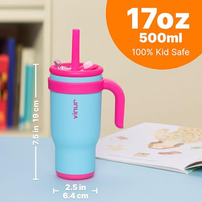 VINUR 17 oz Kids Tumbler with Handle and Straw Lid | 18/8 Stainless Steel Insulated Tumbler Travel Water Mug | Leak Resistant| Cup Holder Friendly, Sky Blue - color: Sky Blue, size: 17 Ounces