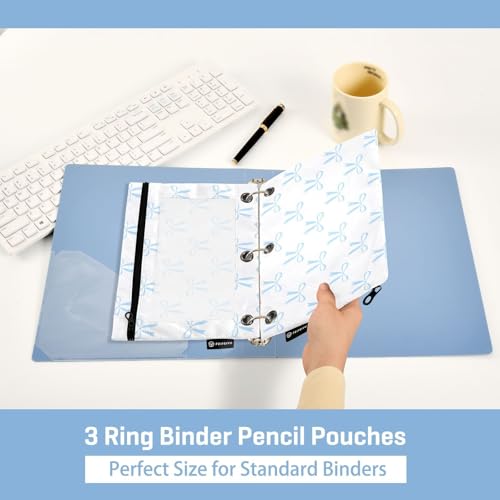 Blue Bow White Pencil Pouch for 3 Ring Binder 2 Pcs Binder Pouches with Zipper Pocket Pencil Case Bag with Clear Window for Office Work School Supplies - color: Blue Bow White