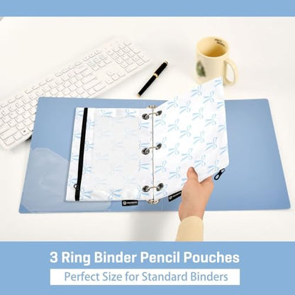 Blue Bow White Pencil Pouch for 3 Ring Binder 2 Pcs Binder Pouches with Zipper Pocket Pencil Case Bag with Clear Window for Office Work School Supplies - color: Blue Bow White