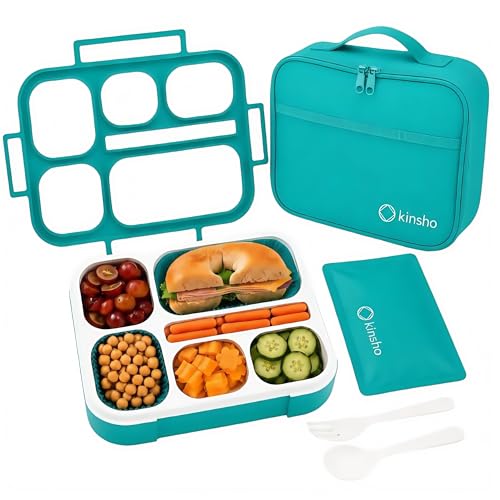 kinsho Lunch Box for Kids Boys Girls - Bento Box Set with Insulated Bag and Ice Pack, 6 Compartment Leak Proof Food Container, BPA-Free, Microwave Safe, Ideal for School & Work, Teal - color: Teal