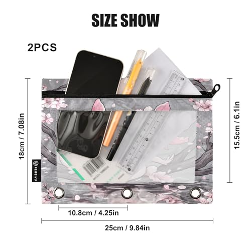 Cute Axolotl Cherry Blossoms Binder Pencil Pouch 3 Ring Clear Pouches with Zipper Pen Organizer for Office College School, 2 Pack - color: Multi-cute Axolotl Cherry Blossoms