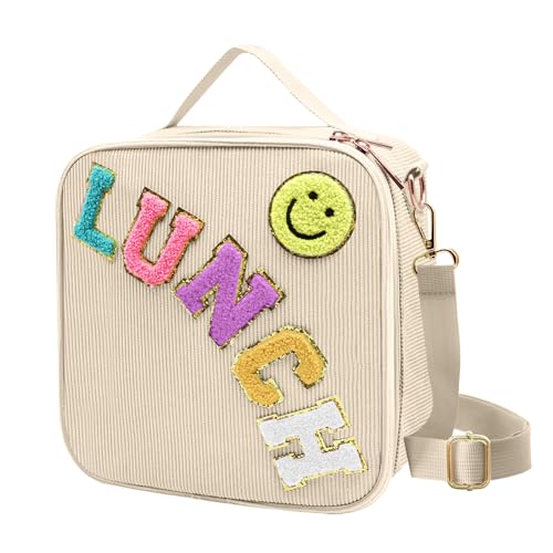 Insulated Lunch Bag With Adjustable Shoulder Strap, Cute Corduroy Preppy Lunch Box Large Insulated Lunch Bag Reusable Lunch Tote Bag with Smiley Preppy LunchBag for Girls School Travel Picnic (Beige) - color: Beige