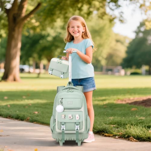 DIGOBAY 3-IN-1 Kids Rolling Backpack for Girls with Lunch Bag Pencil case, Green Kawaii Backpack with Wheels for Girls Roller School Bag with Wheels for Teen Elementary School Bookbags with Cute Pins - color: Green