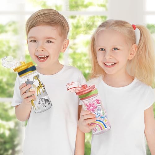 Kids 16 oz Water Bottle for School, Marine Animals/Flower | Plastic Straw Water Bottle with Silicone Spout and Leakproof Cover · Dishwasher Safe - color: Woodland Animals/Flower, size: 16oz (2 Packs)