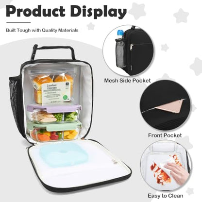 FlowFly Kids Lunch Box Insulated Letter Print Soft Bag Mini Cooler Back to School Thermal Meal Tote Kit for Girls, Boys, Black - color: Black