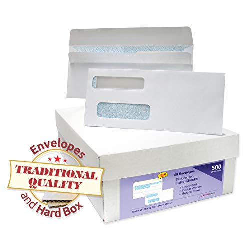 NextDayLabels #9 Double Window Check Envelopes - 500 Pack Ready-Seal Security Tinted Envelopes for QuickBooks, Sage 100, Blackbaud Checks - Self-Sealing Laser-Compatible - Made in USA - size: #9 Envelope-500 Pack