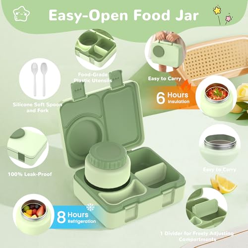 Bento Box for Kids, Leakproof Kids Bento Lunch Box Container with 8oz Insulated Thermo Food Jar, Sauce Jar, Utensil, DIY Stickers for School Boys Girls, 3-4 Compartments, BPA-Free - color: Pale Grass Green