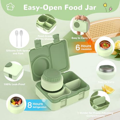 Bento Box for Kids, Leakproof Kids Bento Lunch Box Container with 8oz Insulated Thermo Food Jar, Sauce Jar, Utensil, DIY Stickers for School Boys Girls, 3-4 Compartments, BPA-Free - color: Pale Grass Green