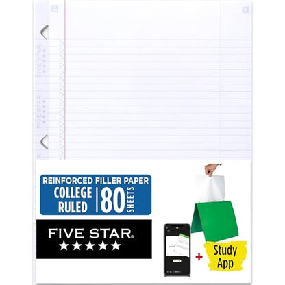 Five Star Loose Leaf Paper + Study App, College Ruled Filler Notebook Paper, Reinforced, Fights Ink Bleed, 8-1/2" x 11", 80 Sheets (170102) - size: 80 Sheets