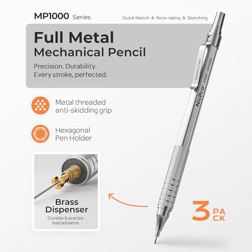 Nicpro 0.7 Metal Mechanical Pencil Set with Case, 3PCS MP1000 0.7mm Artist Lead Pencil With 8 Tube HB Refills, 3 Erasers, 9 Eraser Refill For Architect Art Drafting Drawing Engineering, Sketching - color: Silver, style: 0.7 MM