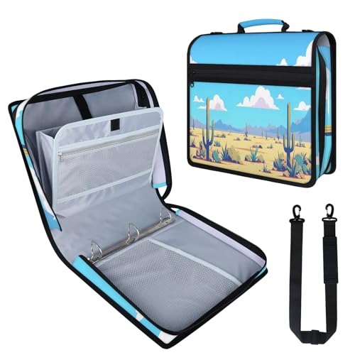 Desert Zipper Binder, 3 D-Ring Expanding File Folder with Handle & Adjustable Shoulder Strap, 400 Sheets Capacity Multi-Pocket Organizer for 13 Inch Laptop - color: Desert